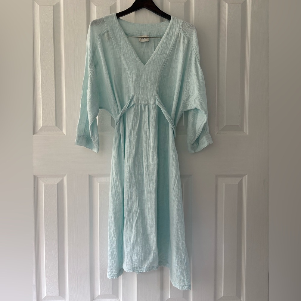 WRAP London Gauzy Cotton / Linen Blend Tunic Style Dress Aqua Blue Sz 12 Large